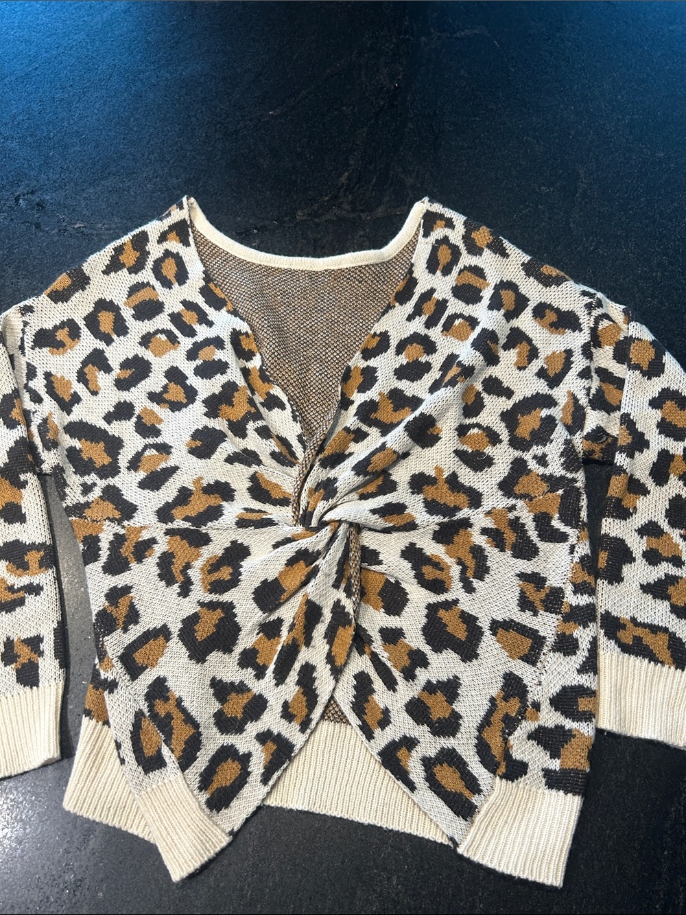 Leopard Twist-Front V-Neck Sweater - Cream & Brown